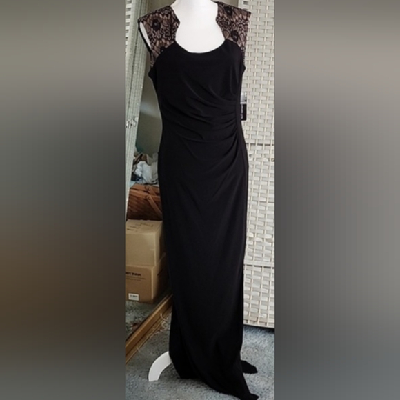👉*NWT* SEXY LONG BLACK DRESS W/ BLACK LACE & SIDE SLIT ~SIZE: 12 ~40s RETRO - Picture 14 of 14